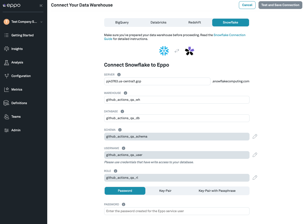 Snowflake warehouse connection