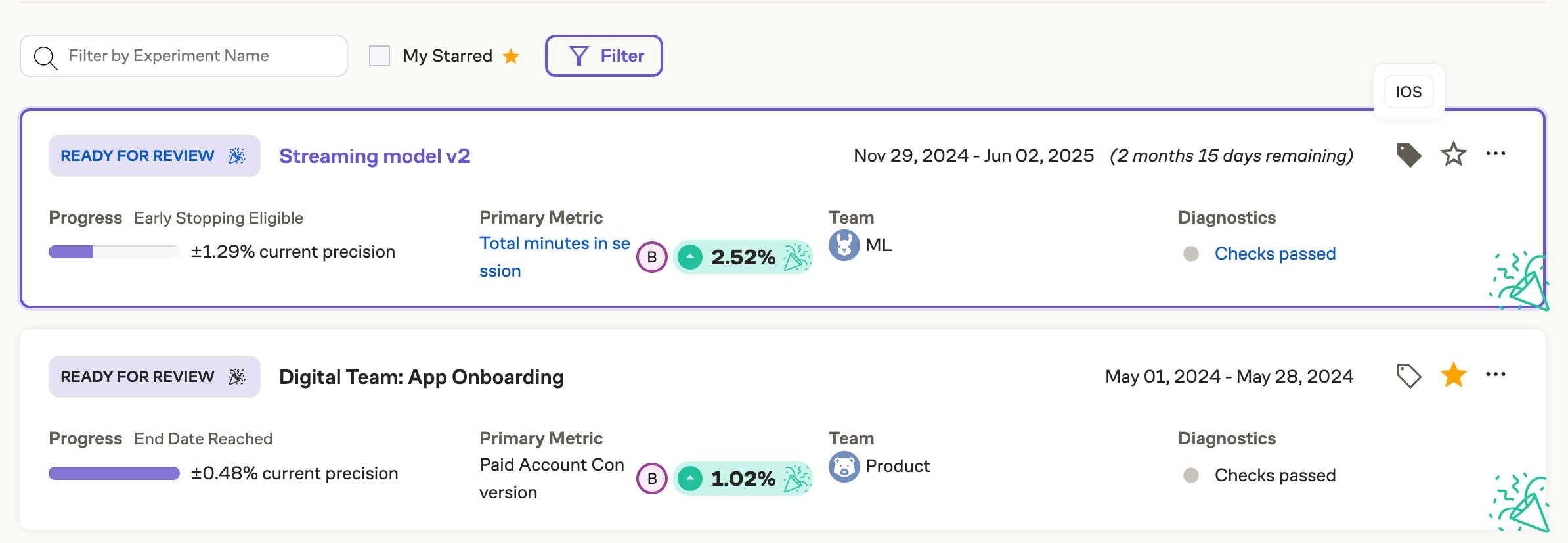 Experiment list with tags highlighted