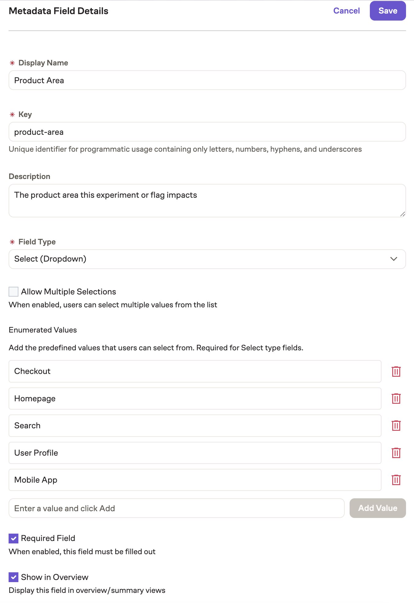 Creating a product area metadata field